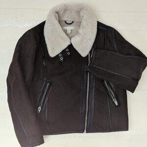 H&M Faux Suede Sherpa Women's Aviator Jacket Size 14 Bomber ZIPPER BUCKLES EUC!
